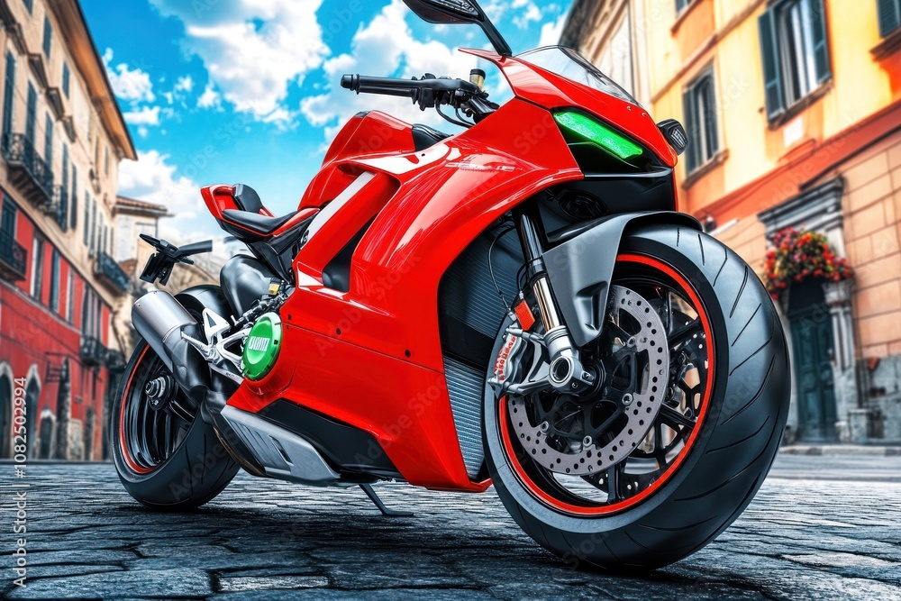 A red sport motorcycle parked on a cobblestone street in a European city. A red sport motorcycle parked on a cobblestone street in a European city.