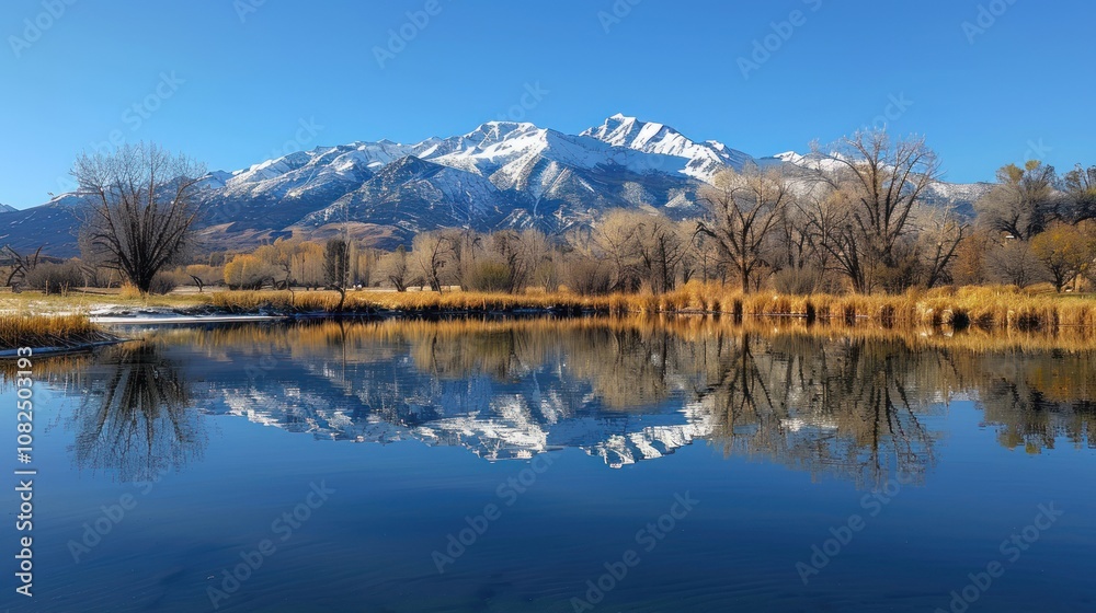 A snow-capped mountain reflected in a still lake with bare trees in the foreground under a blue sky. A snow-capped mountain reflected in a still lake with bare trees in the foreground under a blue sky.