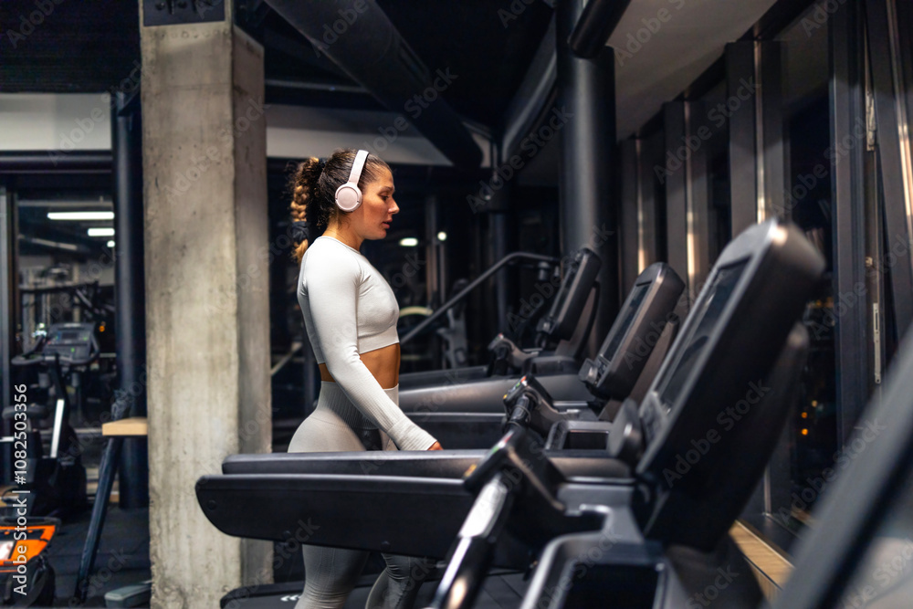 Female exercising inside gym running on treadmill. Female exercising inside gym running on treadmill.