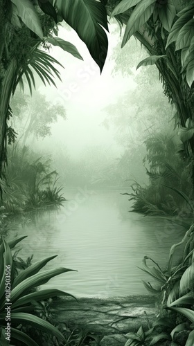 A serene jungle landscape with misty water and lush greenery.