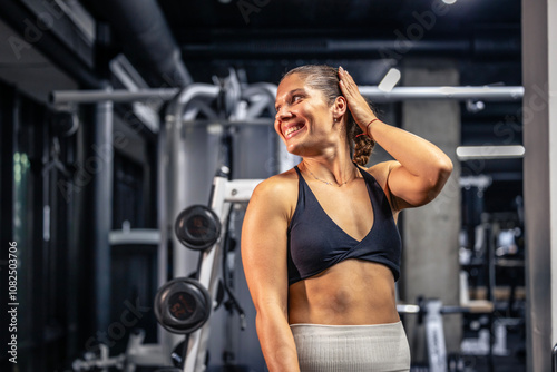 Fit muscular woman looking her body in the mirror in the gym.