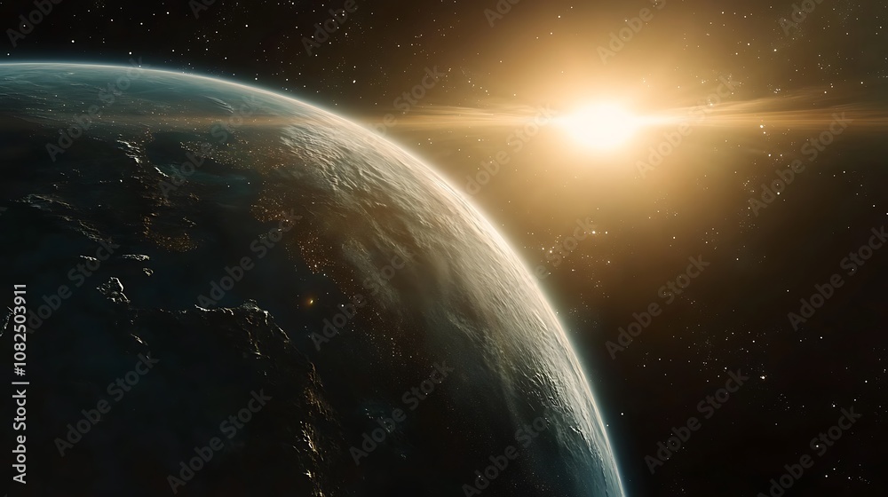 Naklejka premium Explore the beauty of our planet as the sun rises over the horizon capturing nature's magnificence in space