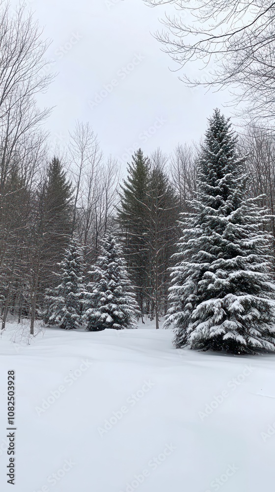 Naklejka premium A serene winter landscape with snow-covered trees and a tranquil atmosphere.