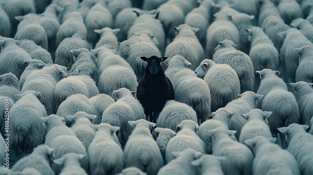 Fototapeta premium A single black sheep stands out amongst a sea of white sheep symbolizing individuality in nature