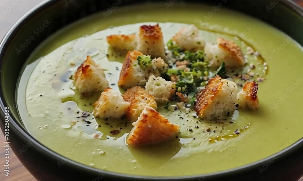 A bowl of creamy green soup topped with croutons and herbs, served hot. A bowl of creamy green soup topped with croutons and herbs, served hot.