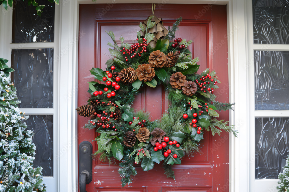 Beautiful christmas wreath on the door. New Year's and Christmas mood. Beautiful christmas wreath on the door. New Year's and Christmas mood.