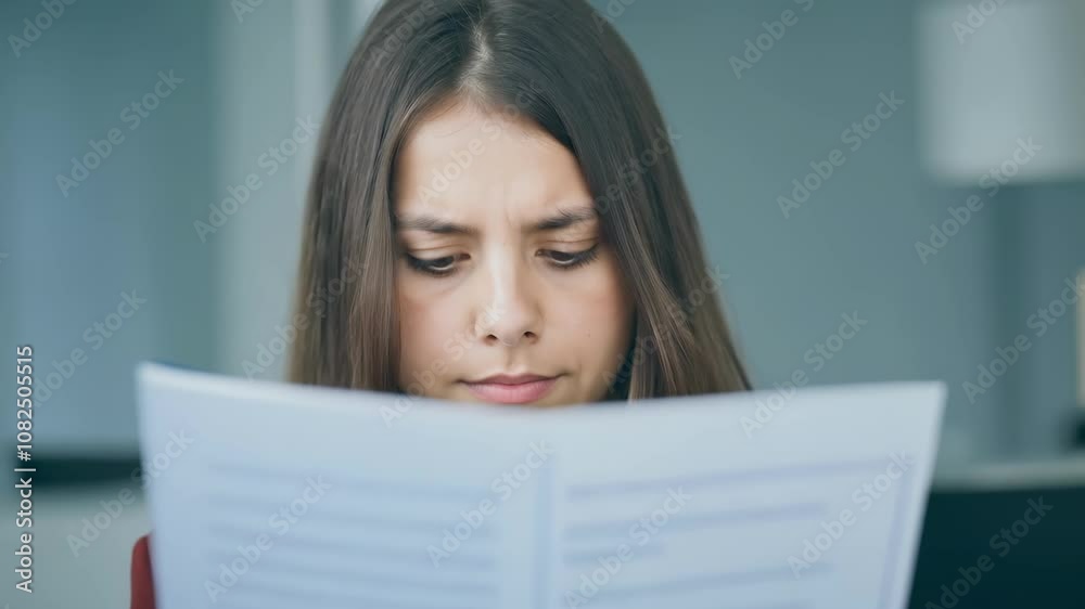 Focused young woman reading document in modern office setting Focused young woman reading document in modern office setting