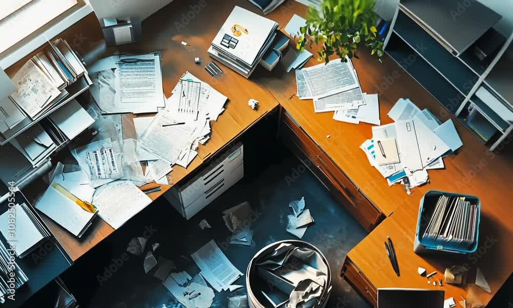 A cluttered office desk with scattered papers and a trash bin full of crumpled documents.