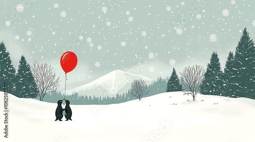 A whimsical winter scene with two playful penguins holding a red balloon in falling snow.
