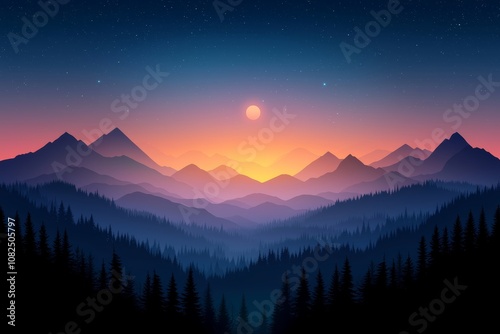 A serene sunset over mountain peaks, casting a warm glow across the horizon. Nature's beauty captured in stunning colors.