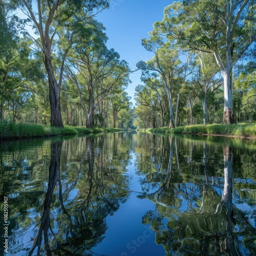 A serene view of a narrow canal lined with trees, with a reflection of the trees in the water.