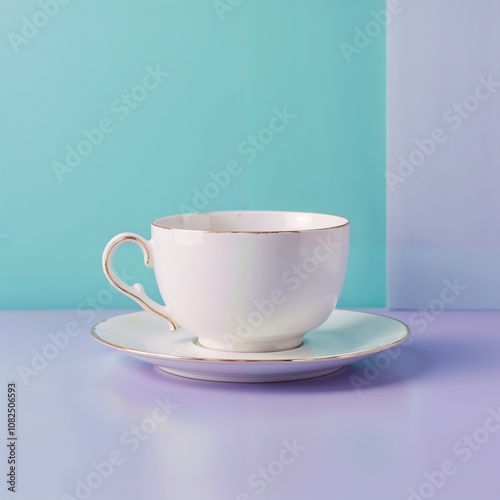 Classic white porcelain cup and saucer with a delicate gold trim showcased on a pastel background