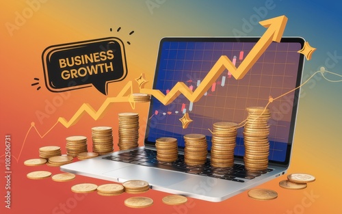 Laptop with stacked coins, upward trending graph, and 