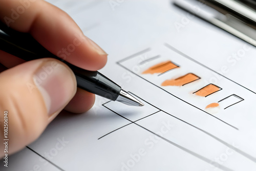 A hand grips a pen, detailing responses on a sheet filled with charts and boxes photo