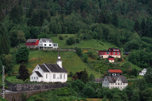 Scenic view of the sunnylven church in Hellesylt, Norway photo