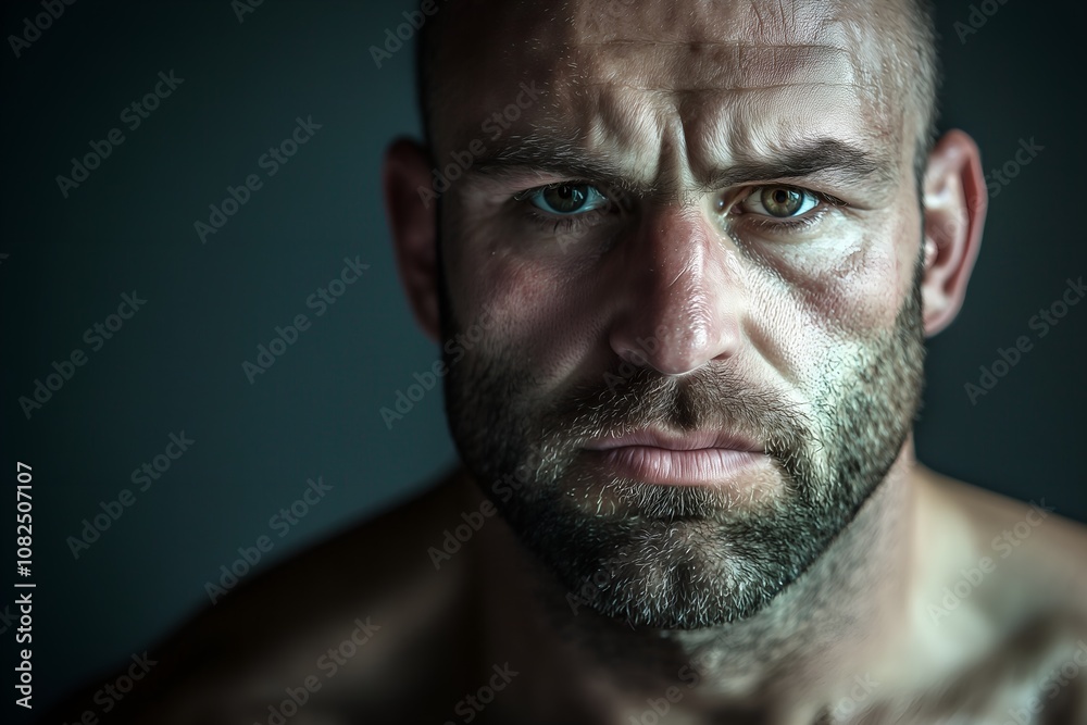 Close-up of very angry heavyweight fighter, focused and ready to fight, looking at camera, isolated on black background, front view