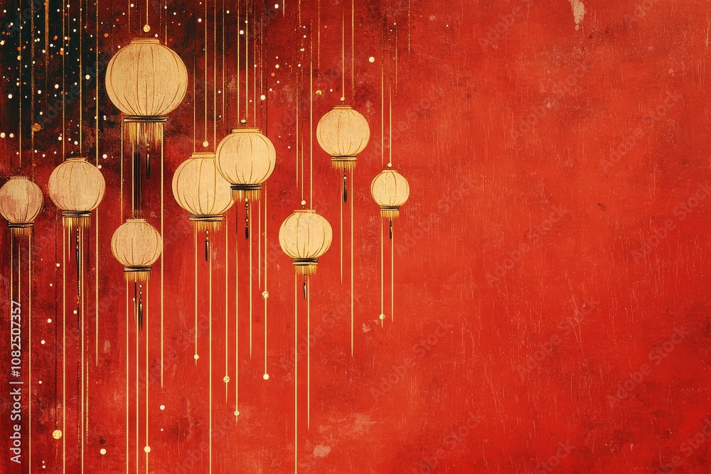 Fototapeta premium Chinese New Year background with red lanterns and golden line drawing, minimalistic design, high resolution, space for text.