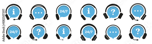 Support or hotline symbols collection with speech bubble and headphones