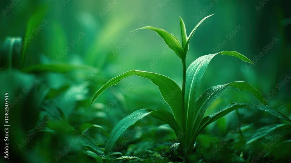 A close-up of a vibrant green plant emerging in a lush, tranquil environment. A close-up of a vibrant green plant emerging in a lush, tranquil environment.