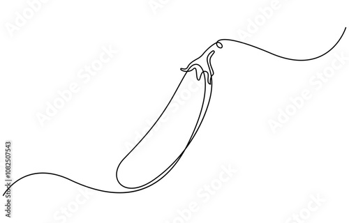 Continuous one line drawing whole healthy organic eggplant for harvesting logo identity. Fresh tropical perennial plant concept for vegetable icon. Continuous line drawing eggplant illustration