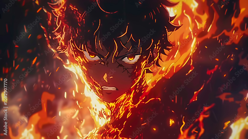 Intense Character Surrounded by Flames with Fiery Expression and Dramatic Lighting in a Vivid, Action-Packed Setting, Representing Strength and Determination Intense Character Surrounded by Flames with Fiery Expression and Dramatic Lighting in a Vivid, Action-Packed Setting, Representing Strength and Determination