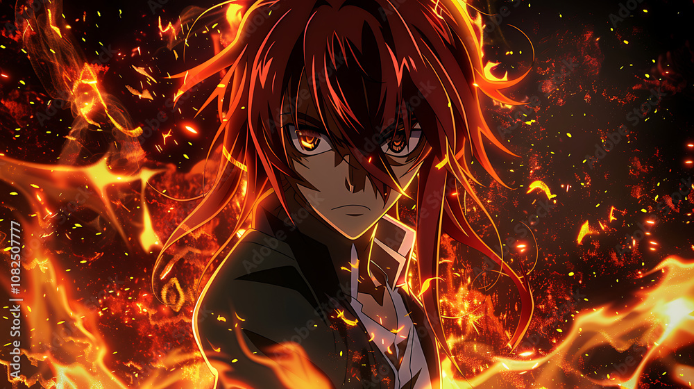 Intense Anime Character with Fiery Red Hair Against a Dark Background, Surrounded by Fiery Flames Creating a Dramatic and Fiery Atmosphere Intense Anime Character with Fiery Red Hair Against a Dark Background, Surrounded by Fiery Flames Creating a Dramatic and Fiery Atmosphere