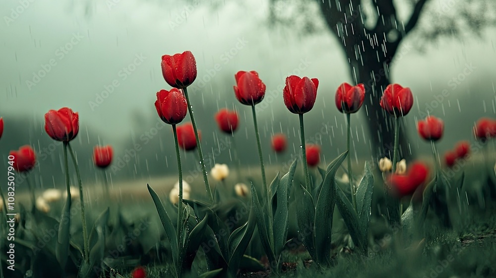 Obraz premium tulips raining giving a shing looks with few trees,generative ai