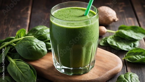 Green Smoothie with Spinach and Lemon on Wooden Board