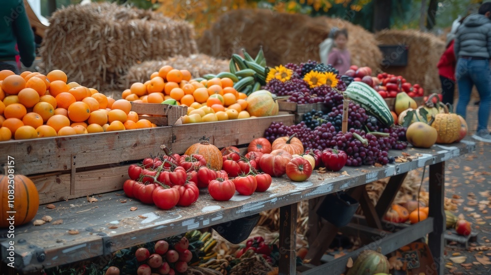 Colorful Harvest Display with Fresh Fruits and Vegetables in Autumn Colorful Harvest Display with Fresh Fruits and Vegetables in Autumn
