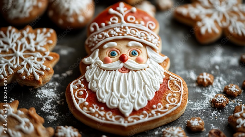 Gingerbread cookie of Santa Claus with white frosting and red hat surrounded by snowflakes. Gingerbread cookie of Santa Claus with white frosting and red hat surrounded by snowflakes.