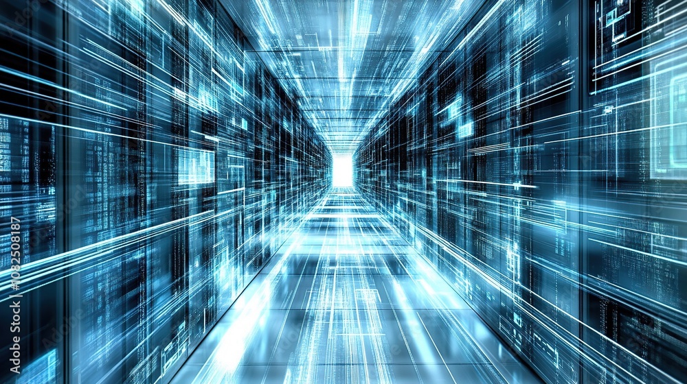 Abstract blue and white tunnel with lines and digital elements, representing the concept of data flow and technology. Abstract blue and white tunnel with lines and digital elements, representing the concept of data flow and technology.