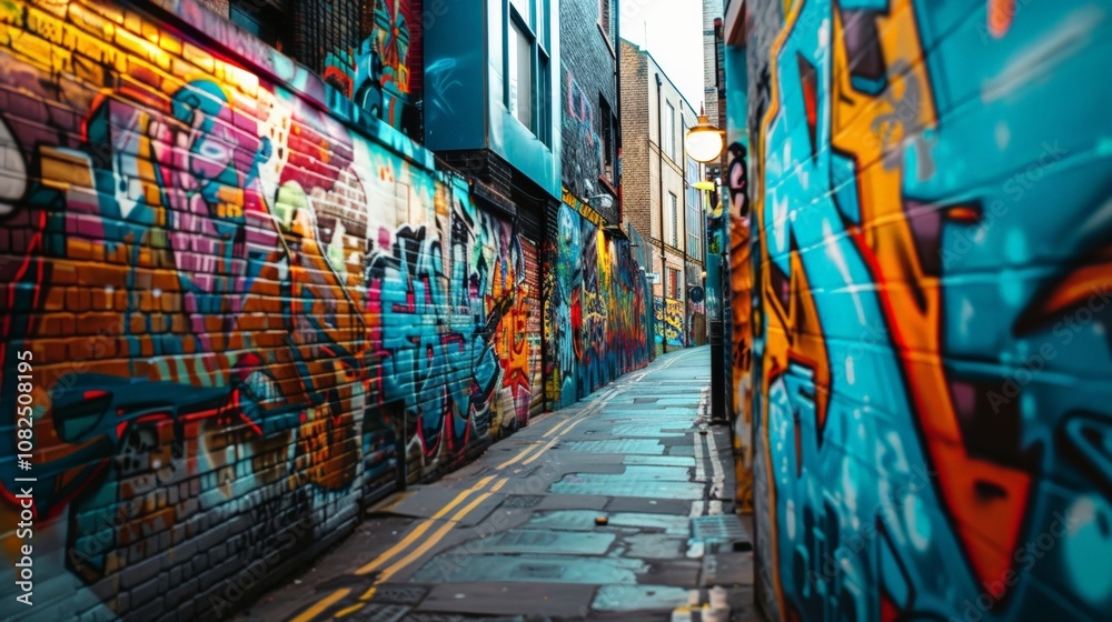 Naklejka premium Vibrant Street Art in a Narrow Urban Alleyway with Colorful Graffiti and Glossy Stone Path