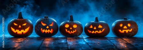 Halloween pumpkins on wooden table with blue foggy background, spooky night scene, Halloween decoration, festive atmosphere.