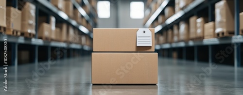 Two cardboard boxes with a blank tag sit on a warehouse floor, surrounded by storage shelves filled with similar packages. photo