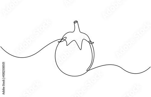 Continuous one line drawing whole healthy organic eggplant for harvesting logo identity. Fresh tropical perennial plant concept for vegetable icon. Continuous line drawing eggplant illustration