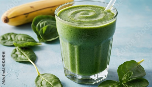 Green Smoothie with Spinach and Lemon on Wooden Board