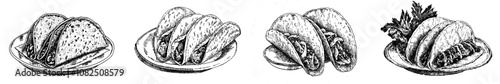 Ink sketch of tacos. Traditional Mexico City fast food illustration. Modern illustration.