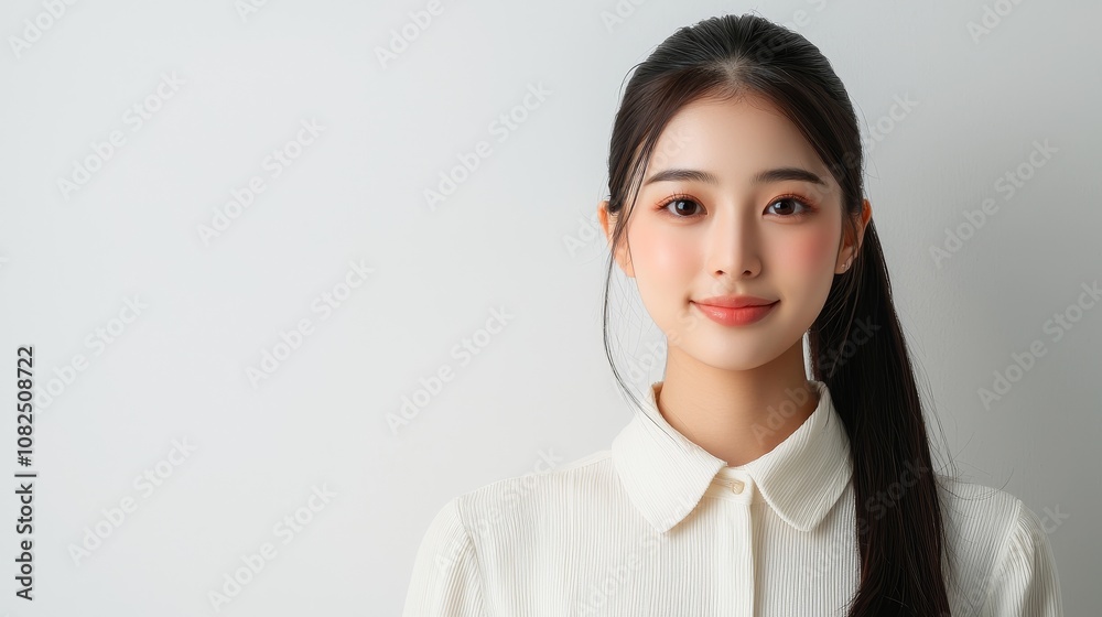 A young woman with a warm smile, wearing a white shirt, standing against a neutral background, exuding confidence and approachability. A young woman with a warm smile, wearing a white shirt, standing against a neutral background, exuding confidence and approachability.
