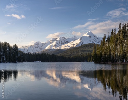 Serene Lake Nestled Between Snow-Capped Peaks and Lush Forests, Reflecting the Sunshine and Surrounding Scenery on Its Glassy Surface During Early Morning