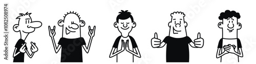 Group of cartoon characters are all giving thumbs up. The characters are all smiling and seem to be enjoying themselves. Hand drawn vector illustration. Black and white.
