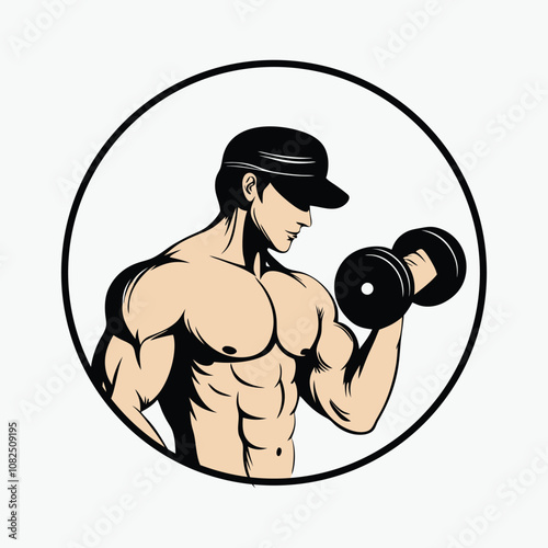 Fitness Logo Vector Illustration of Strong Muscle Man.