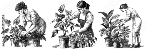 Gardener 2D modern monochrome isolated spot illustration. Cute blonde woman holding flower pot on white background. Gardening hobby editable outline cartoon scene.