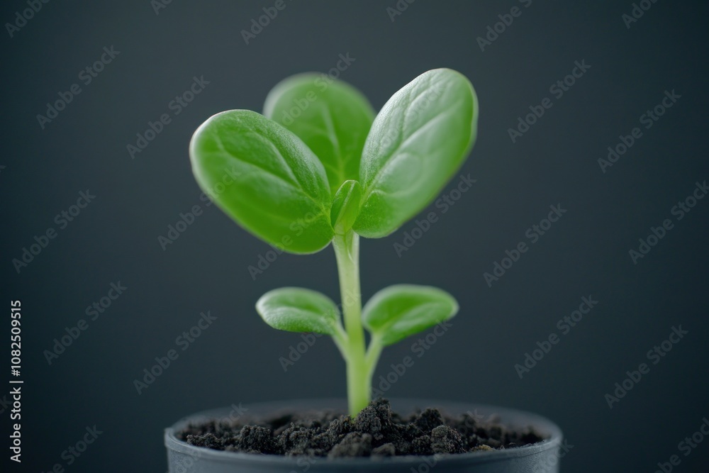 Naklejka premium A young green plant sprouting from soil in a black pot against a dark background.