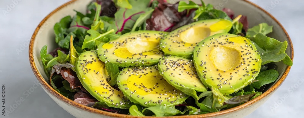 Close-up of a vibrant salad with sliced avocado, sprinkled with chia seeds, on a bed of fresh mixed greens, ideal for a healthy meal. Close-up of a vibrant salad with sliced avocado, sprinkled with chia seeds, on a bed of fresh mixed greens, ideal for a healthy meal.