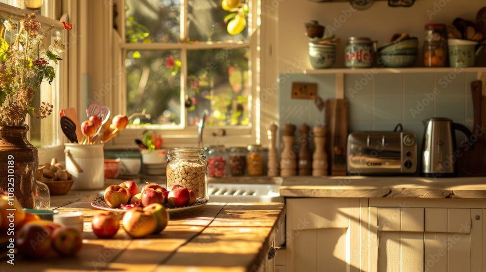 Fototapeta premium Bright and Cozy Kitchen with Fresh Apples and Natural Light
