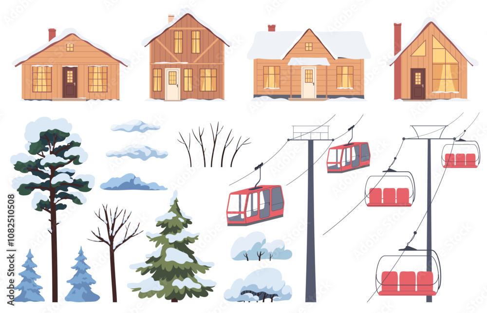 A set of elements of a winter ski resort. Warm houses, mountain lifts, snow-covered trees. Winter rest. Vector illustration