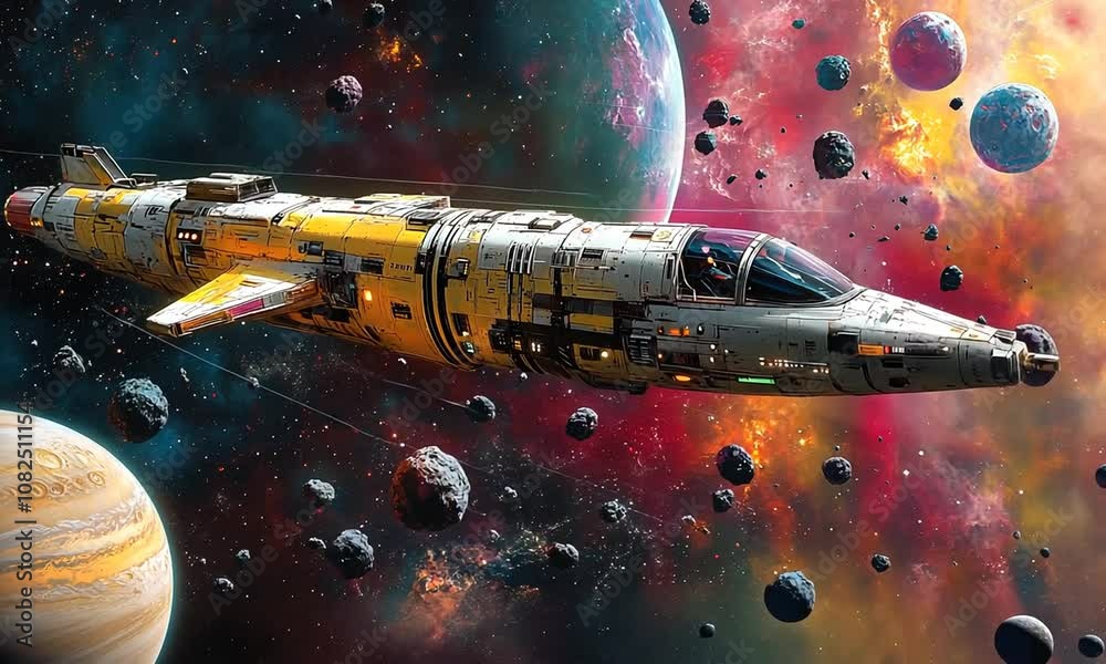 A futuristic spaceship navigating through a vibrant, asteroid-filled cosmic scene. A futuristic spaceship navigating through a vibrant, asteroid-filled cosmic scene.