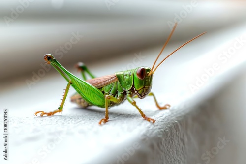 A vibrant green grasshopper perched on a white surface, showcasing detailed textures and colors in a close-up view.