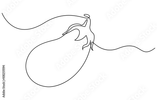 Continuous one line drawing whole healthy organic eggplant for harvesting logo identity. Fresh tropical perennial plant concept for vegetable icon. Continuous line drawing eggplant illustration