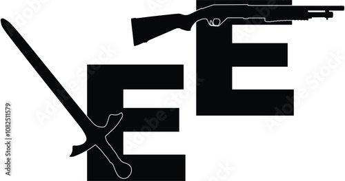 Graphic illustration E for sword and E for rifle in Portuguese
